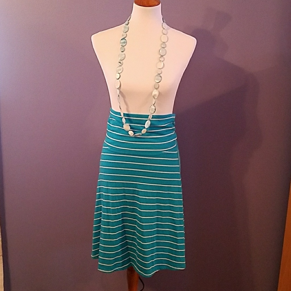 Teal & white striped skirt.